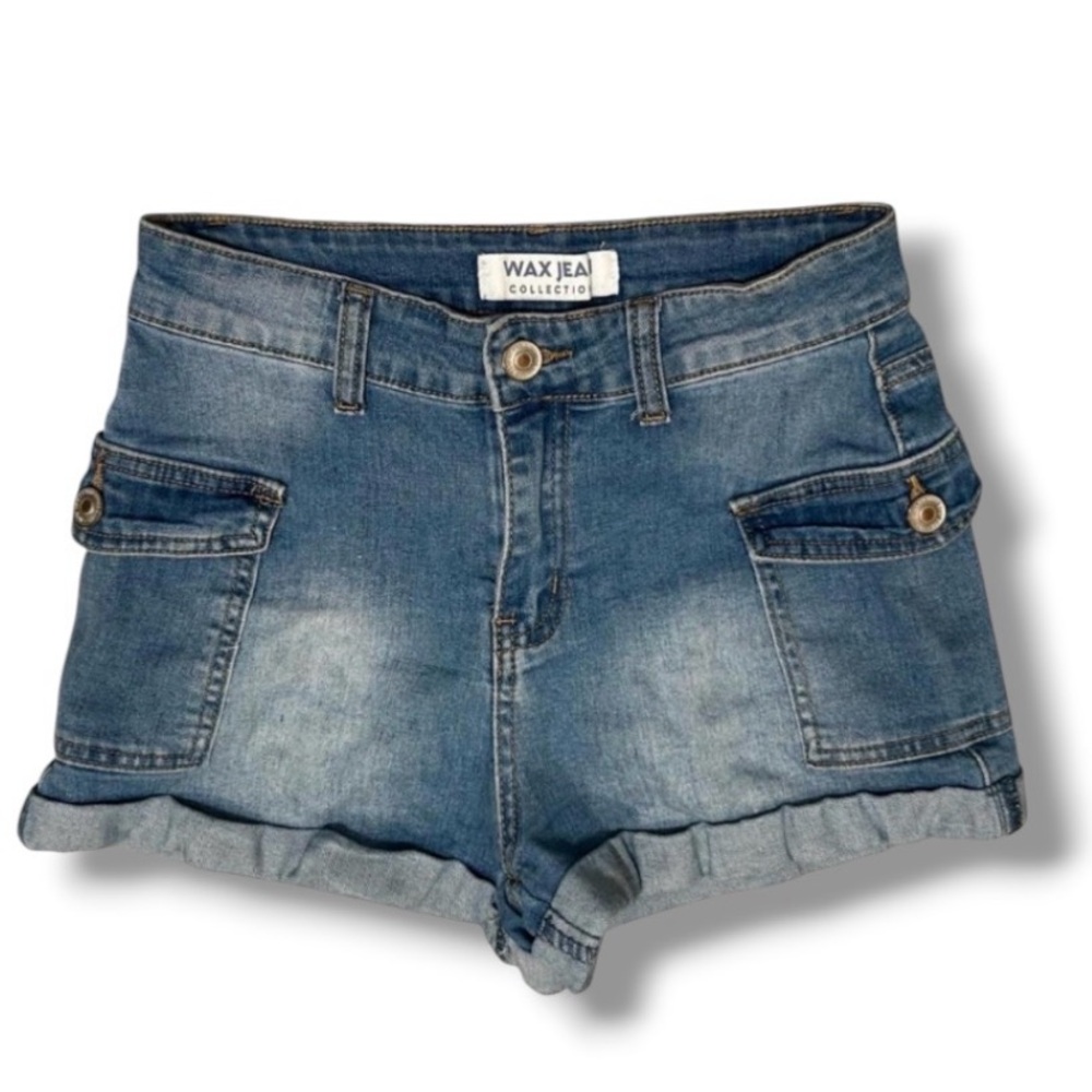 Wax Jean Medium Wash Cargo Denim Shorts High Rise Pockets